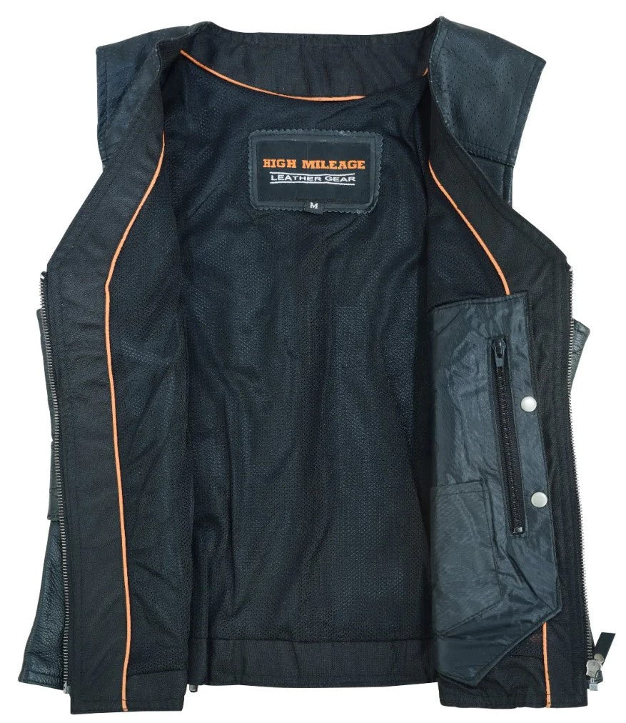 High Mileage Womens Black Premium Cowhide Biker Motorcycle Leather Vest With Buckles - Image 3
