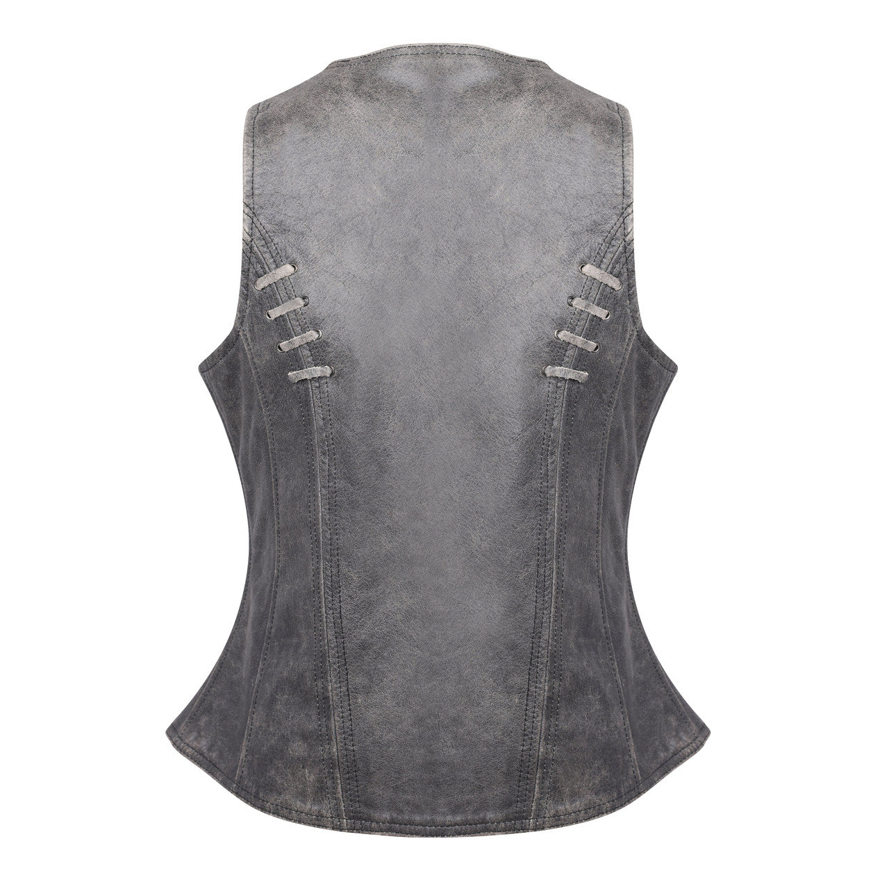 High Mileage Women's Distressed Gray Premium Soft Goatskin Leather Vest With Twill Lace and Grommet Highlights - Image 3
