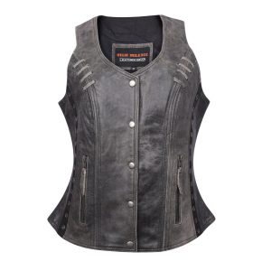 High Mileage Women's Distressed Gray Premium Soft Goatskin Leather Vest With Twill Lace and Grommet Highlights