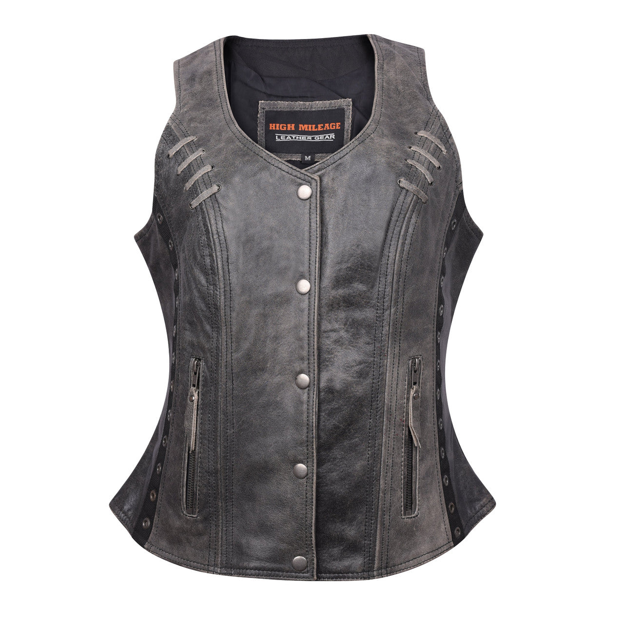 High Mileage Women's Distressed Gray Premium Soft Goatskin Leather Vest With Twill Lace and Grommet Highlights