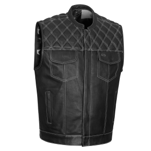 High Mileage Mens Zipper and Snap Closure Leather Club Vest with American Flag Liner White Stitching