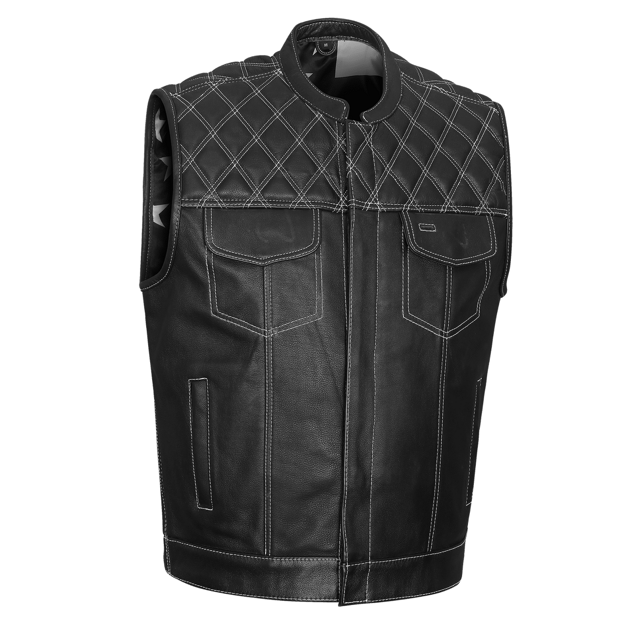 High Mileage Mens Zipper and Snap Closure Leather Club Vest with American Flag Liner White Stitching