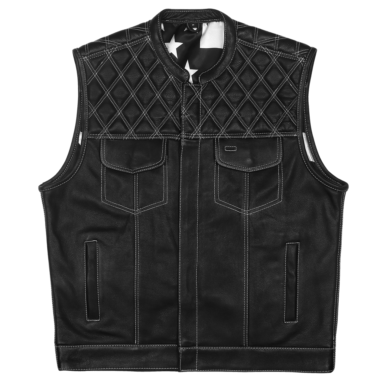 High Mileage Mens Zipper and Snap Closure Leather Club Vest with American Flag Liner White Stitching - Image 3
