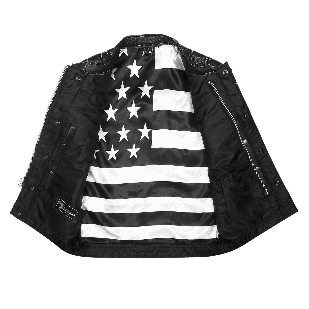 High Mileage Mens Zipper and Snap Closure Leather Club Vest with American Flag Liner White Stitching - Image 4