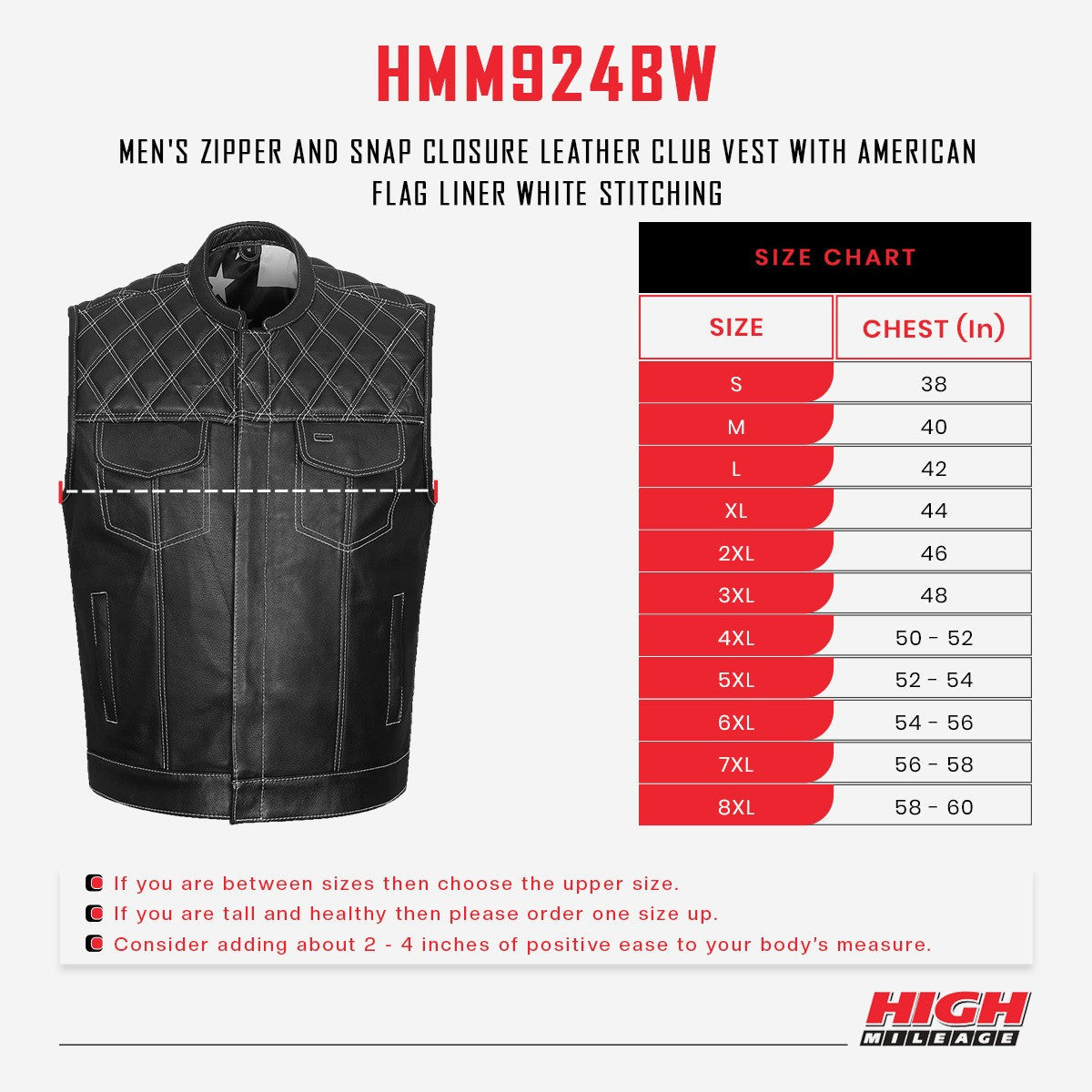 High Mileage Mens Zipper and Snap Closure Leather Club Vest with American Flag Liner White Stitching - Image 5