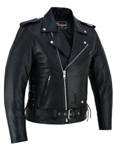 Men's Black Leather Motorcycle Jacket with CE Armor, Classic Biker Style w/ Side Lace & Belted Waist