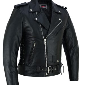 Men's Black Leather Motorcycle Jacket with CE Armor, Classic Biker Style w/ Side Lace & Belted Waist