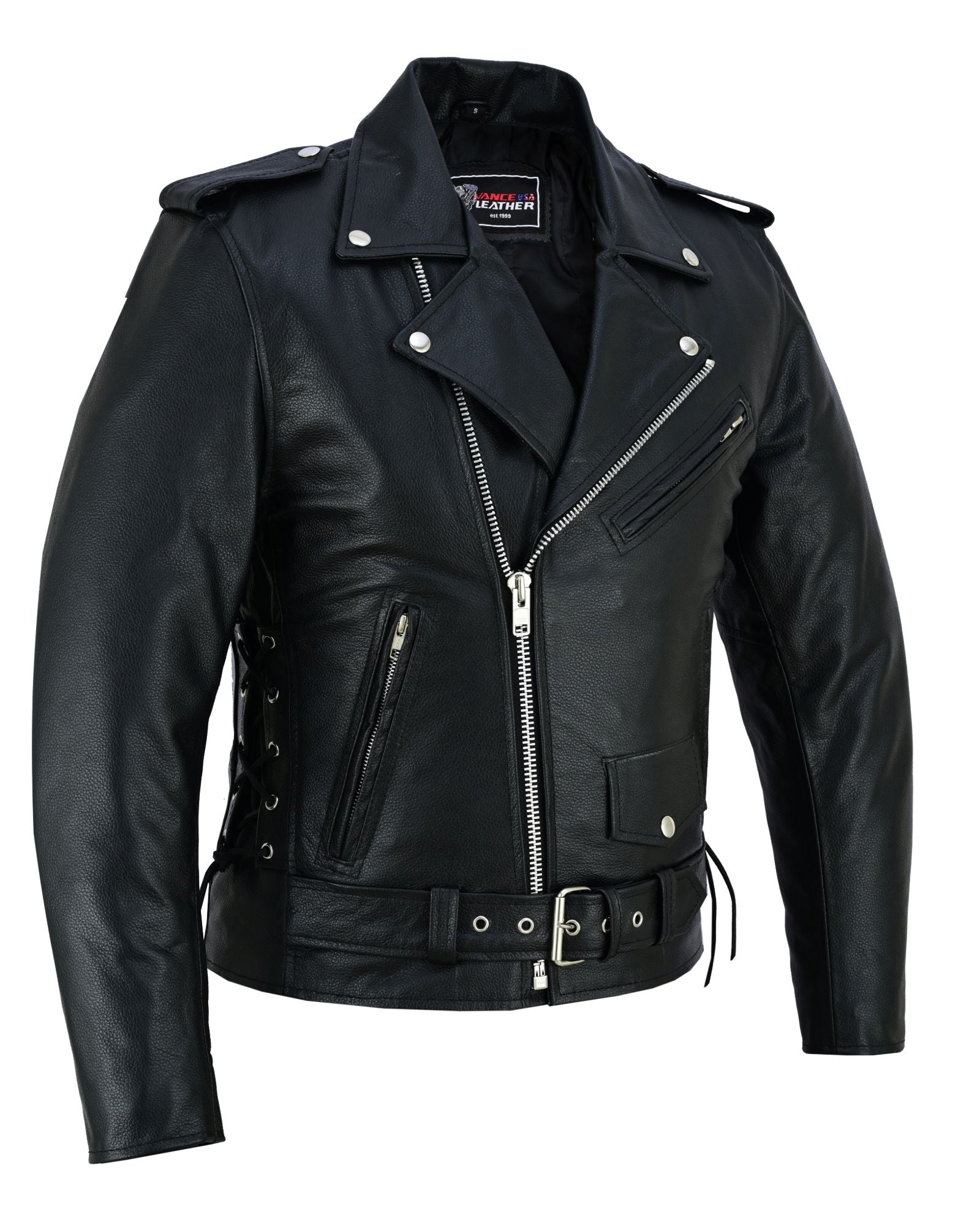 Men's Black Leather Motorcycle Jacket with CE Armor, Classic Biker Style w/ Side Lace & Belted Waist