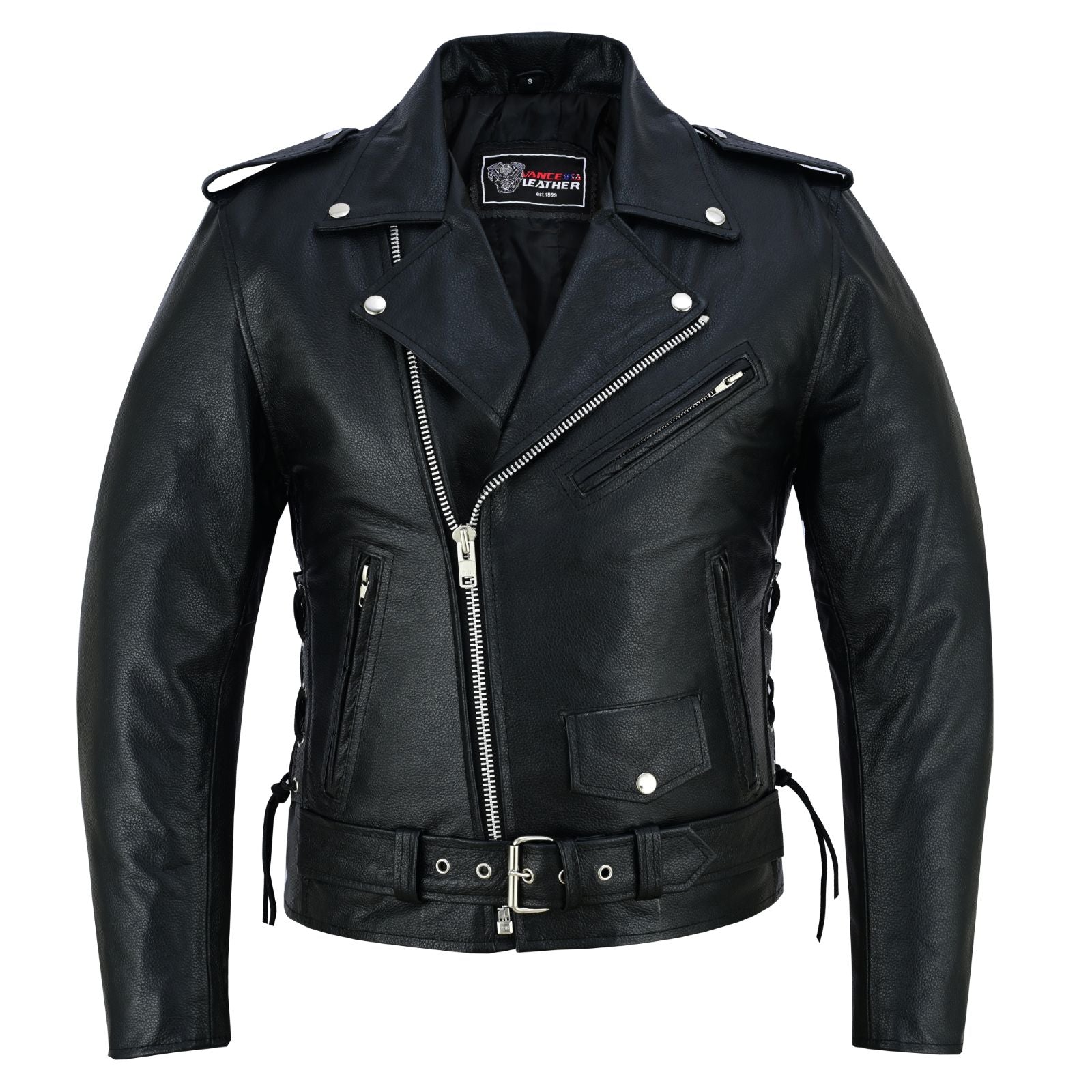 Men's Black Leather Motorcycle Jacket with CE Armor, Classic Biker Style w/ Side Lace & Belted Waist - Image 2