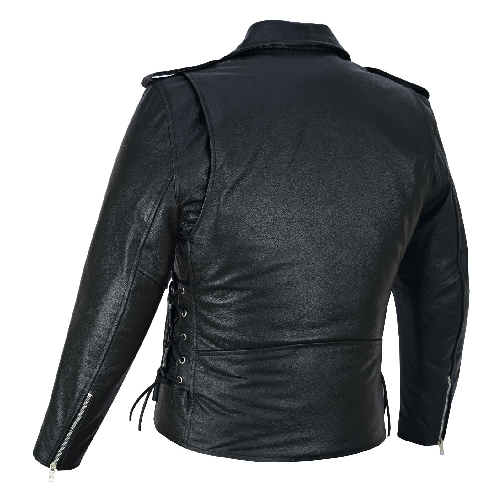 Men's Black Leather Motorcycle Jacket with CE Armor, Classic Biker Style w/ Side Lace & Belted Waist - Image 3