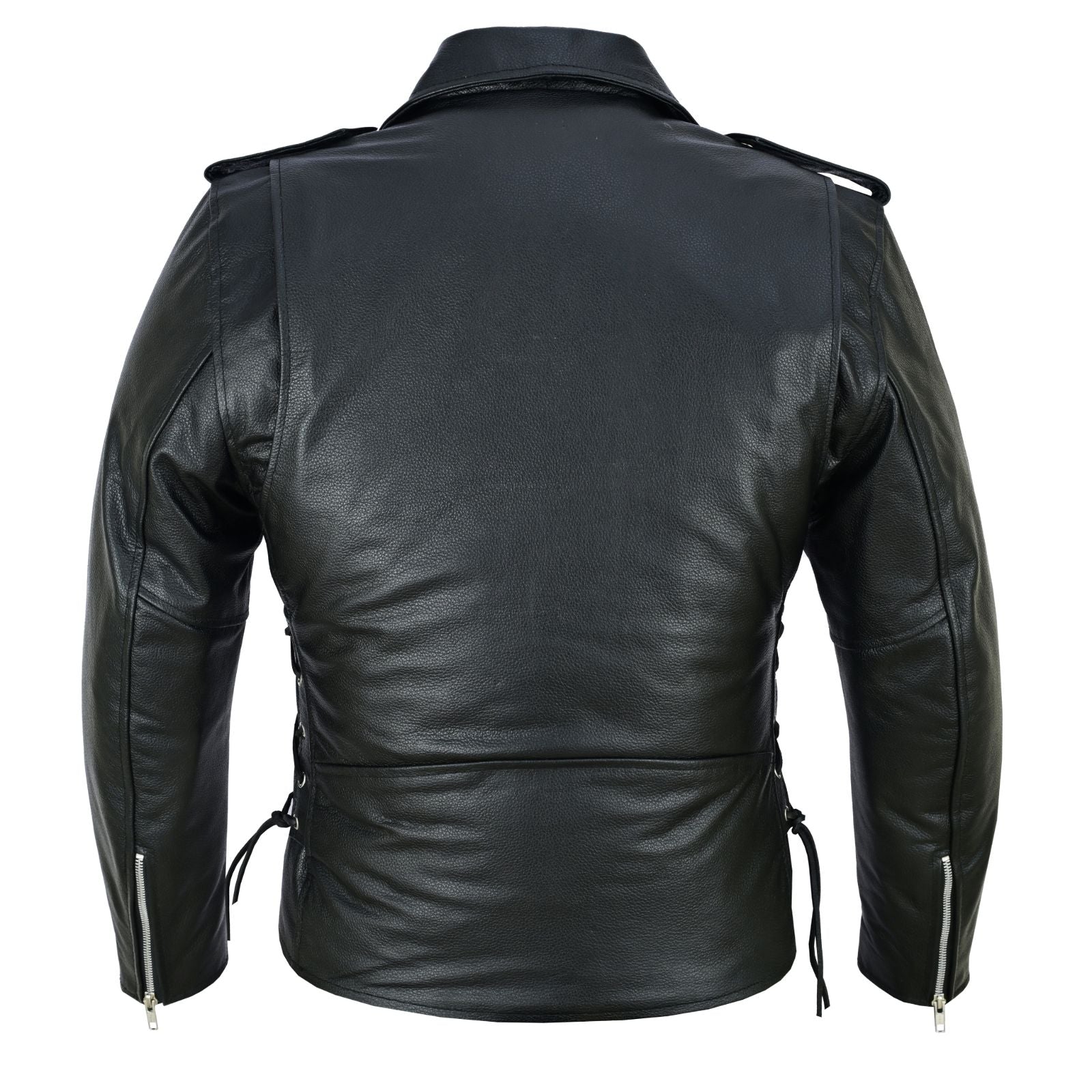 Men's Black Leather Motorcycle Jacket with CE Armor, Classic Biker Style w/ Side Lace & Belted Waist - Image 4
