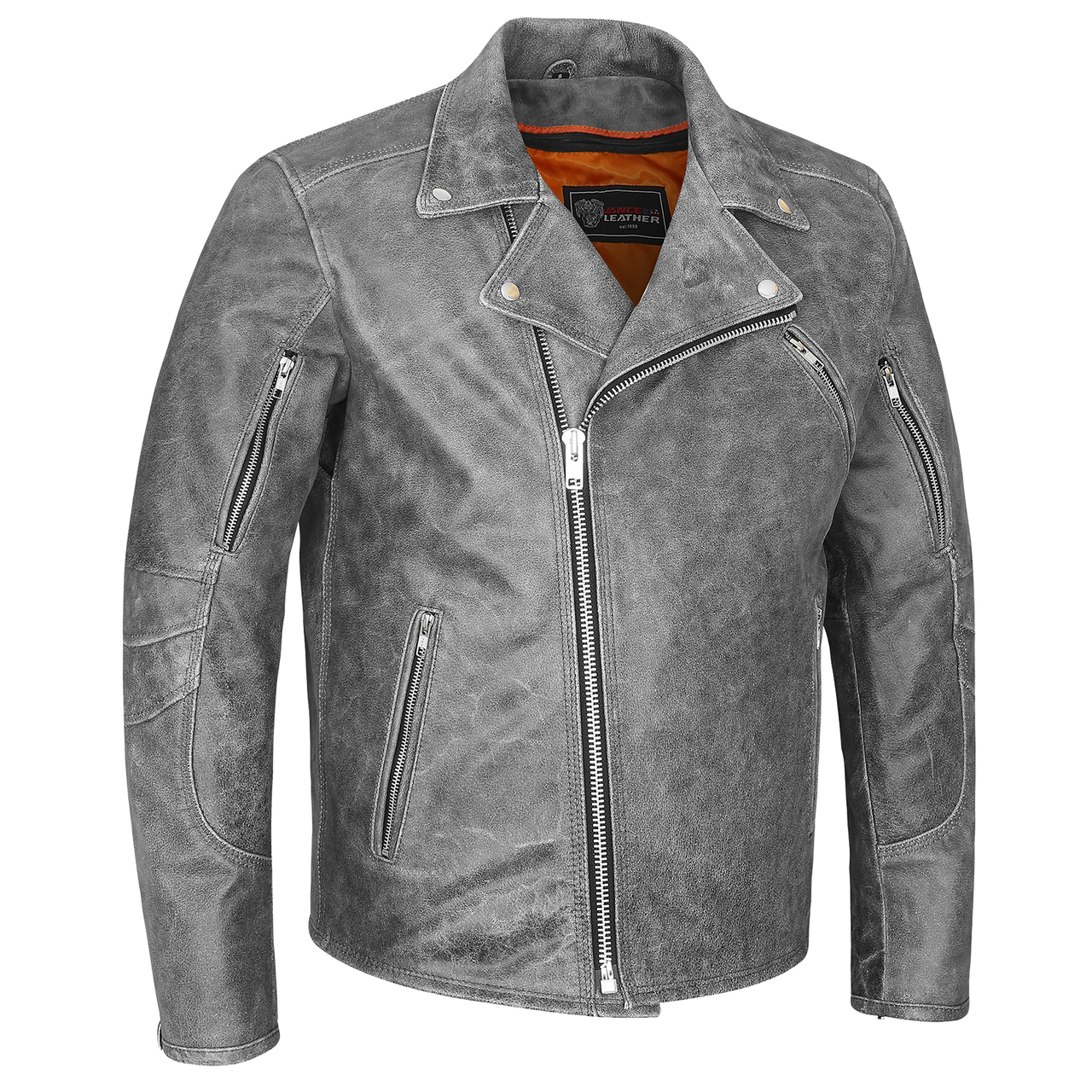 High Mileage Mens Beltless Dual Conceal Carry Distressed Gray Premium Cowhide Leather Biker Motorcycle Jacket