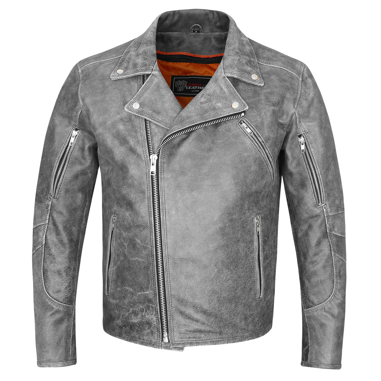 High Mileage Mens Beltless Dual Conceal Carry Distressed Gray Premium Cowhide Leather Biker Motorcycle Jacket - Image 3