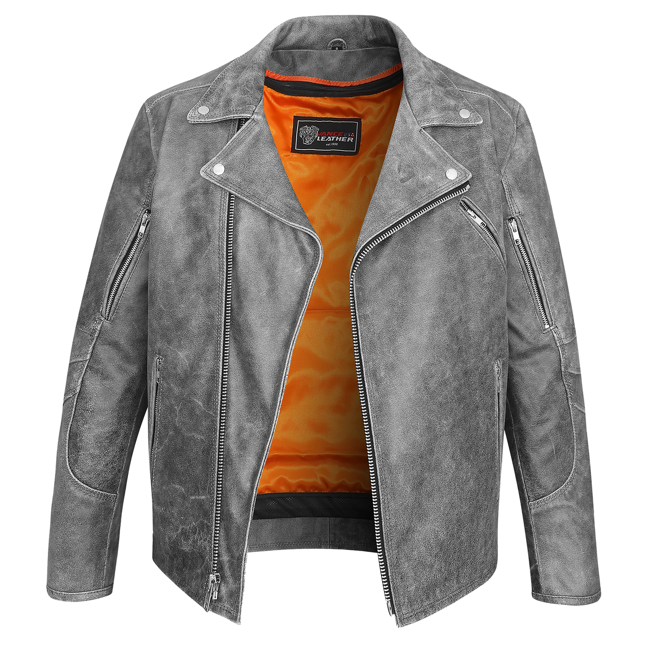 High Mileage Mens Beltless Dual Conceal Carry Distressed Gray Premium Cowhide Leather Biker Motorcycle Jacket - Image 2