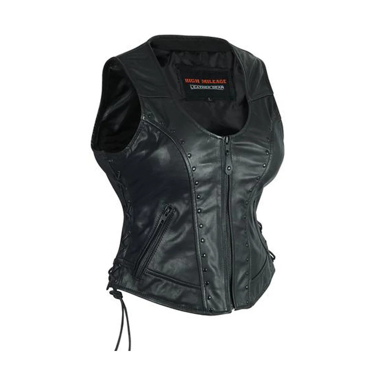 High Mileage HML1043 Womens Lady Biker Leather Motorcycle Vest With Studs - Image 2