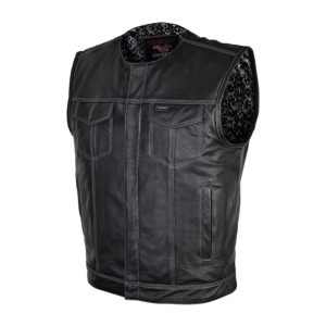 High Mileage Mens Black Paisley Design Liner Premium Cowhide Leather SOA Style Club Vest With Quick Access Conceal Carry Pocket