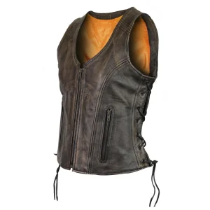 High Mileage Women's Vintage Distressed Brown Lace Side Zipper Pocket Premium Cowhide Leather Motorcycle Vest