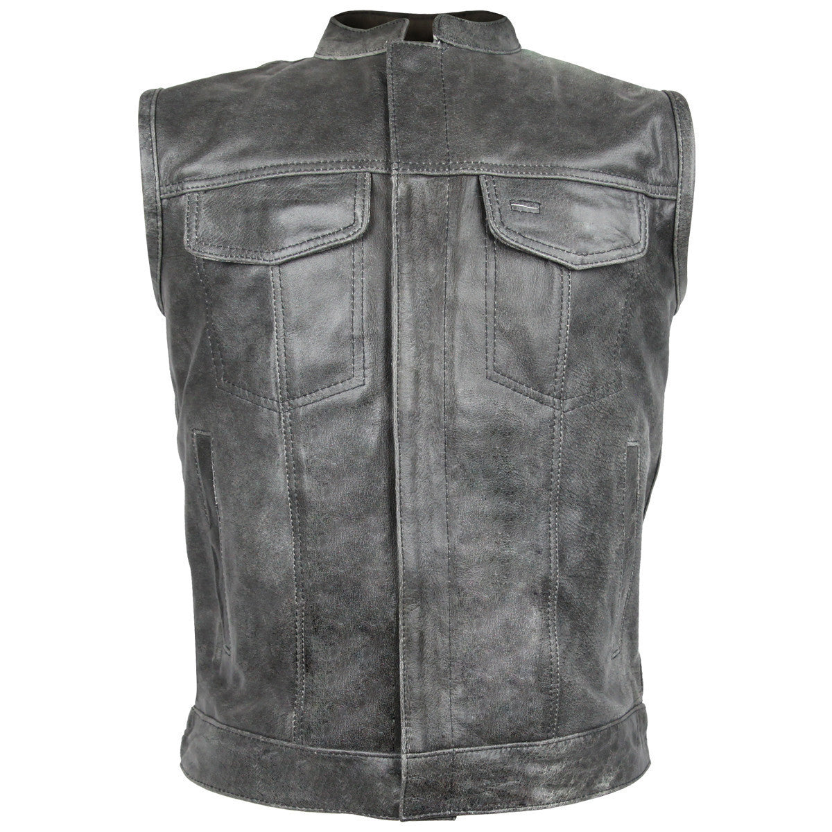 High Mileage Mens Premium Cowhide Distressed Gray SOA Style Biker Club Leather Motorcycle Vest