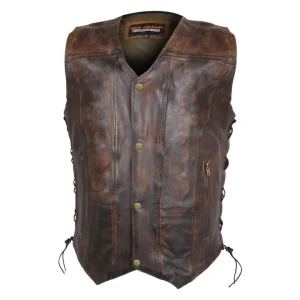 High Mileage Mens Vintage Brown Premium Cowhide Ten Pocket Leather Motorcycle Vest