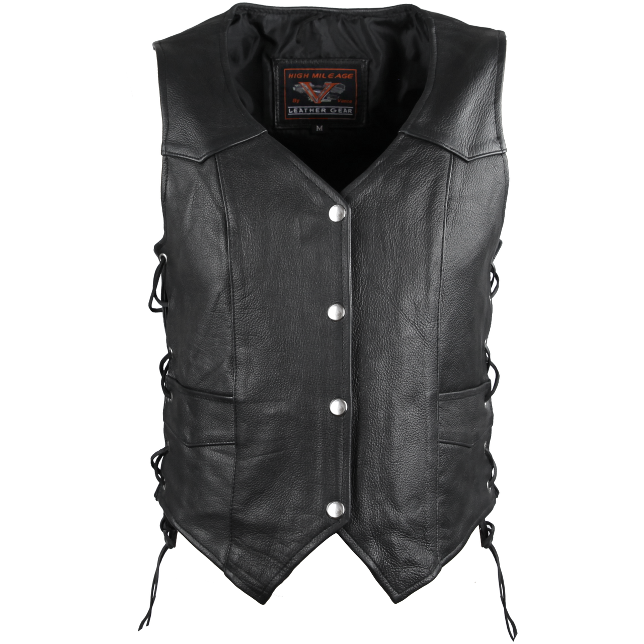 High Mileage Womens Black Premium Cowhide Lace Side Biker Leather Vest
