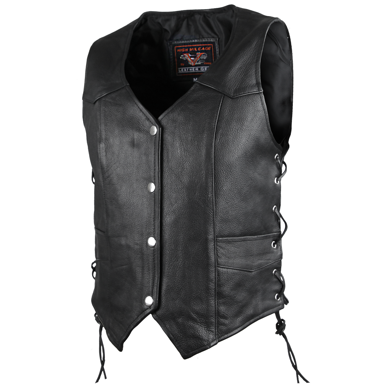 High Mileage Womens Black Premium Cowhide Lace Side Biker Leather Vest - Image 3