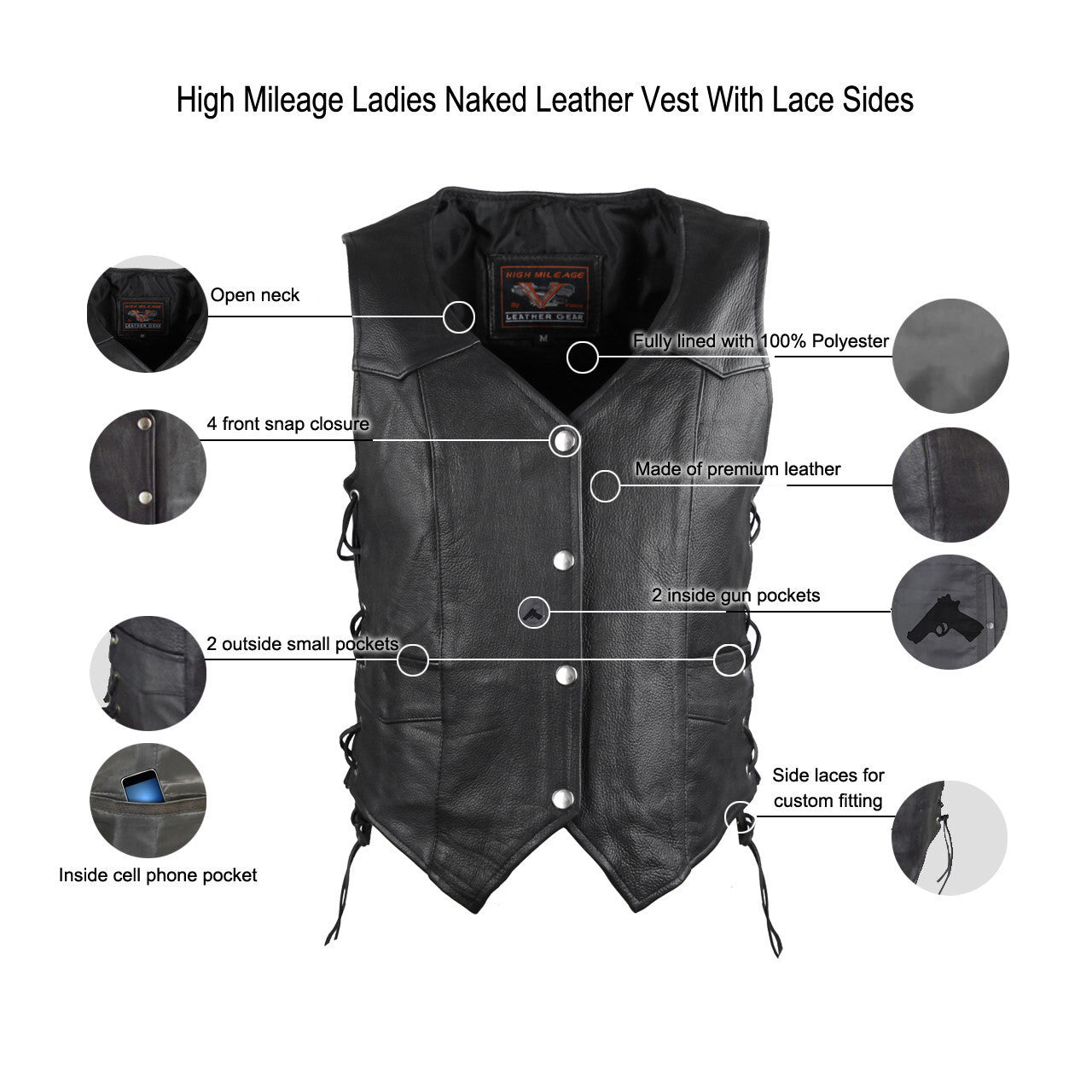 High Mileage Womens Black Premium Cowhide Lace Side Biker Leather Vest - Image 4