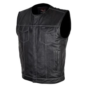 Vance Mens Black Premium Cowhide Leather Biker Motorcycle Vest With Quick Access Conceal Carry Pockets and Gray Stitching