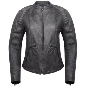 High Mileage Women's Lace and Grommet Detail Distressed Gray Goat Skin Leather Lady Biker Motorcycle Fashion Jacket