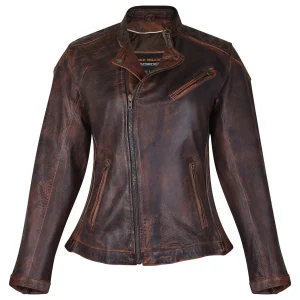 High Mileage Women's Vintage Brown Lady Biker Motorcycle Riding Leather Jacket With Diamond Stitched Shoulders