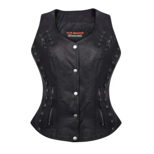 High Mileage Women's Black Premium Soft Goatskin Leather Vest With Twill Lace and Grommet Highlights