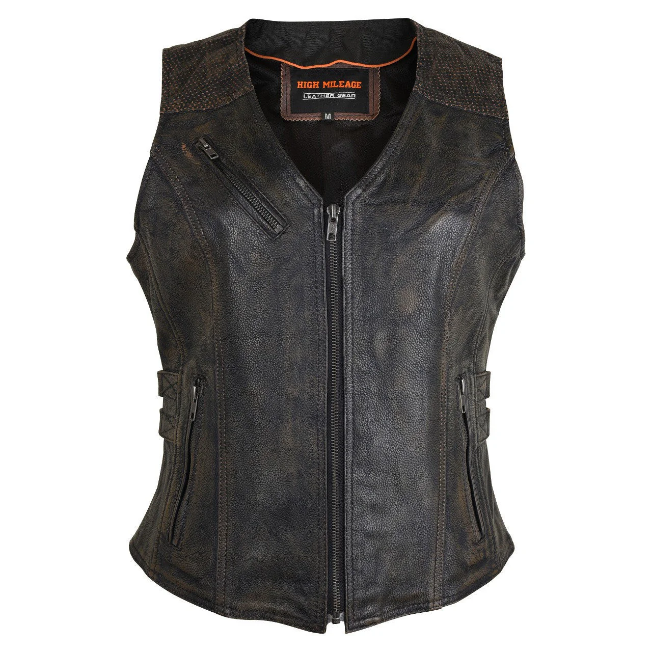 High Mileage HML1037DB Womens Distressed Brown Premium Cowhide Biker Motorcycle Leather Vest With Buckles - Image 2