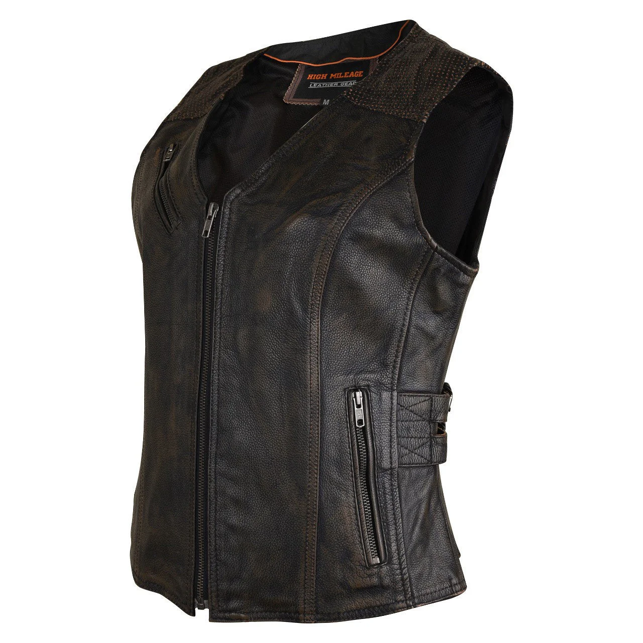 High Mileage HML1037DB Womens Distressed Brown Premium Cowhide Biker Motorcycle Leather Vest With Buckles