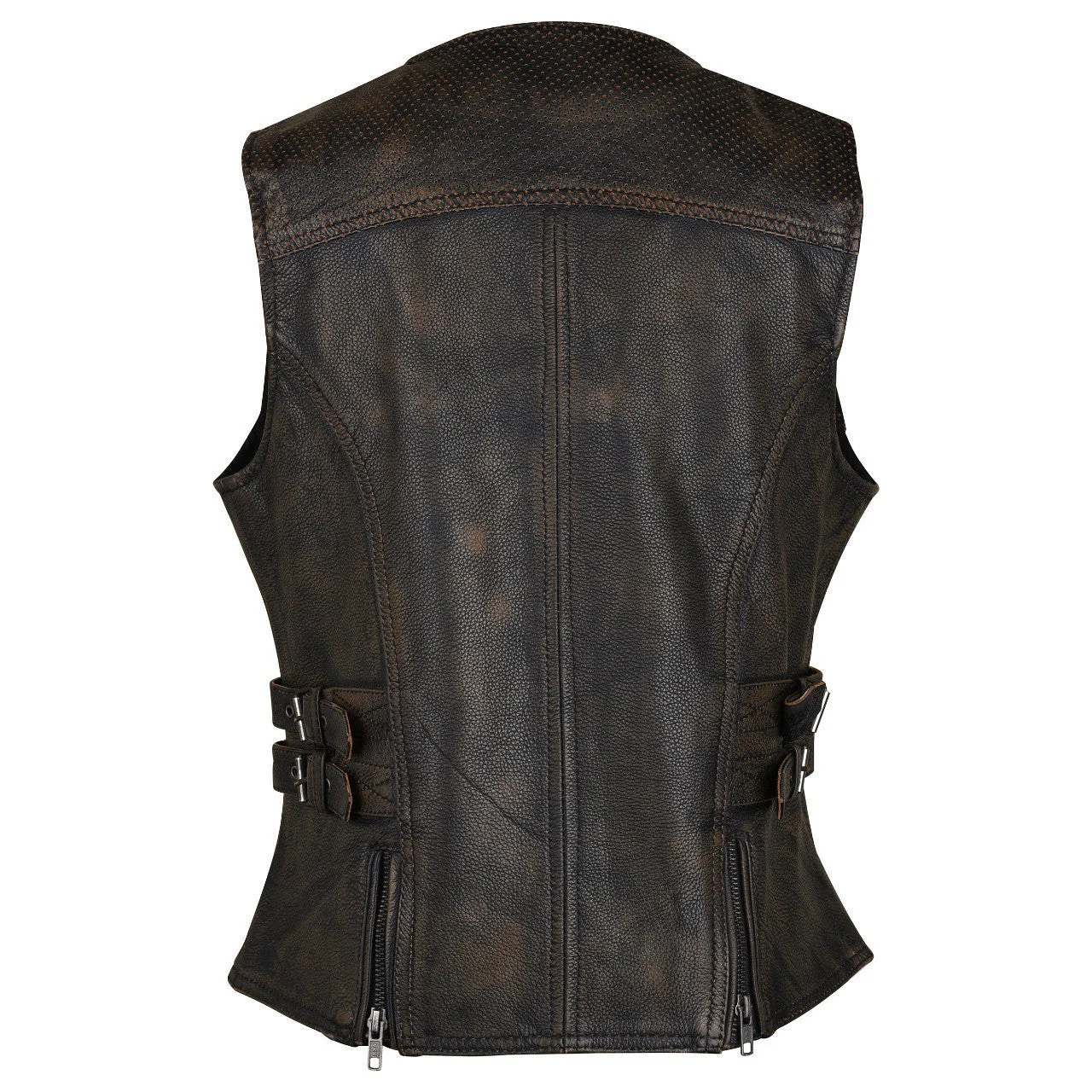 High Mileage HML1037DB Womens Distressed Brown Premium Cowhide Biker Motorcycle Leather Vest With Buckles - Image 3
