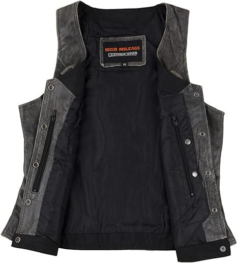 High Mileage Women's Distressed Gray Premium Soft Goatskin Leather Vest With Twill Lace and Grommet Highlights - Image 4