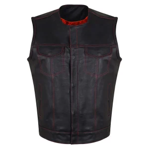 High Mileage Men's Black Premium Cowhide Leather SOA Style Club Vest With Quick Access Conceal Carry Pocket and Red Liner