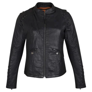 High Mileage Womens Lace and Grommet Detail Black Goatskin Leather Lady Biker Motorcycle Fashion Jacket