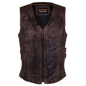 High Mileage Womens Vintage Brown Premium Cowhide Biker Motorcycle Leather Vest With Buckles