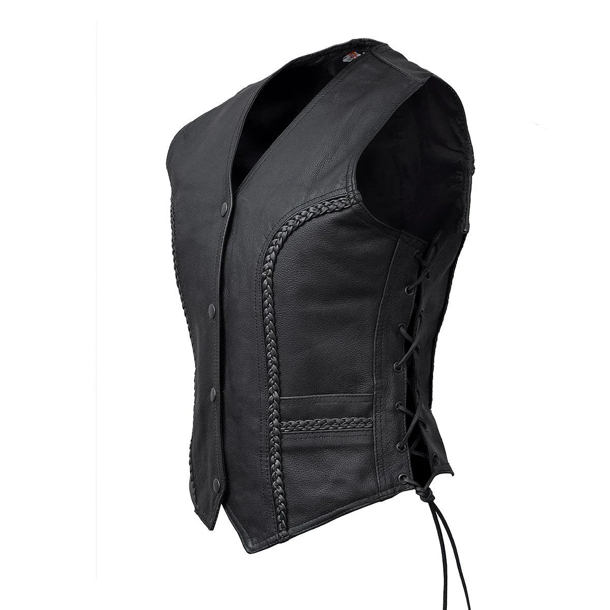 Vance VL1051 Womens Black Braided Lady Biker Leather Motorcycle Vest - Image 3