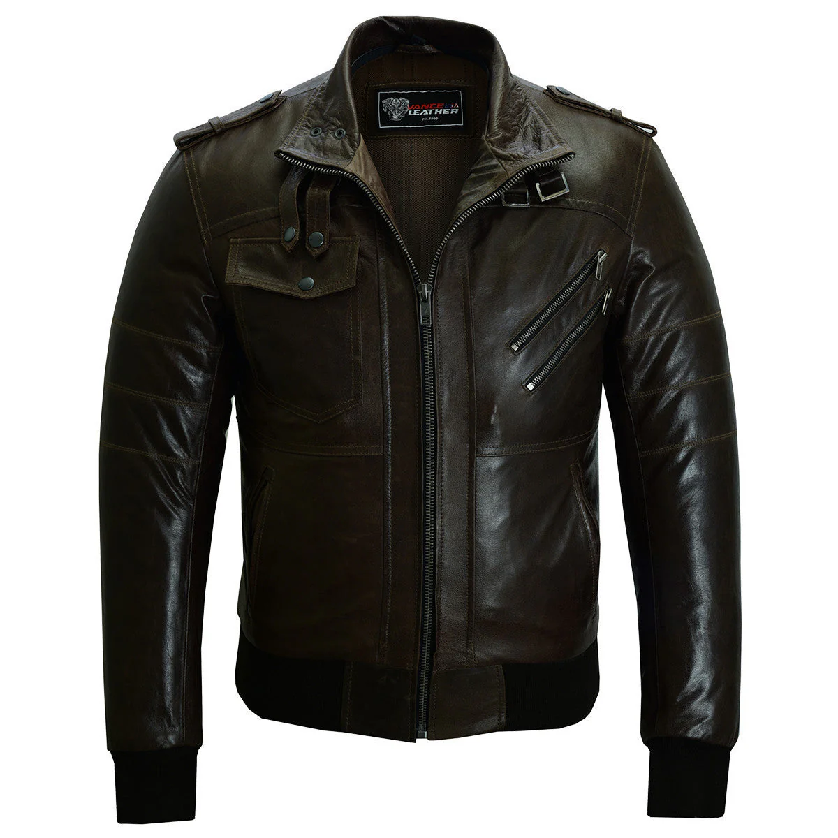 Vance Leather Mens Vincent Brown Waxed Premium Cowhide Motorcycle Leather Jacket - Image 2