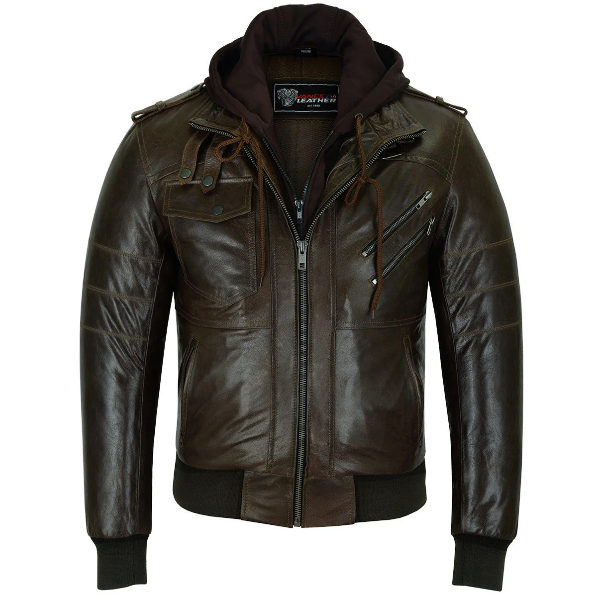 Vance Leather Mens Vincent Brown Waxed Premium Cowhide Motorcycle Leather Jacket