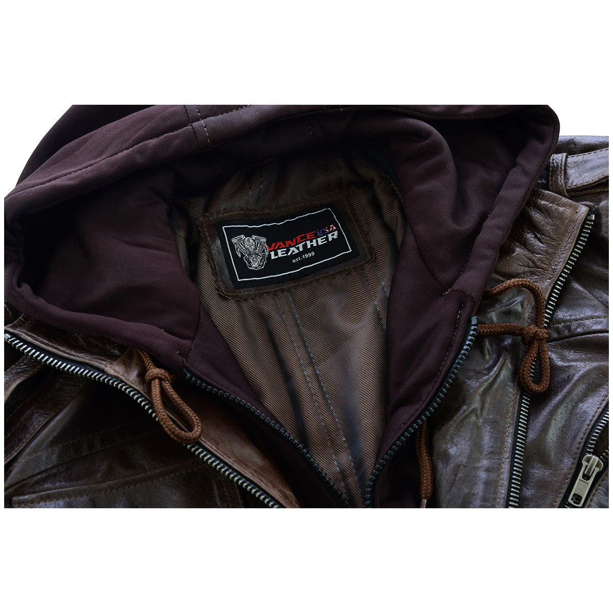 Vance Leather Mens Vincent Brown Waxed Premium Cowhide Motorcycle Leather Jacket - Image 4