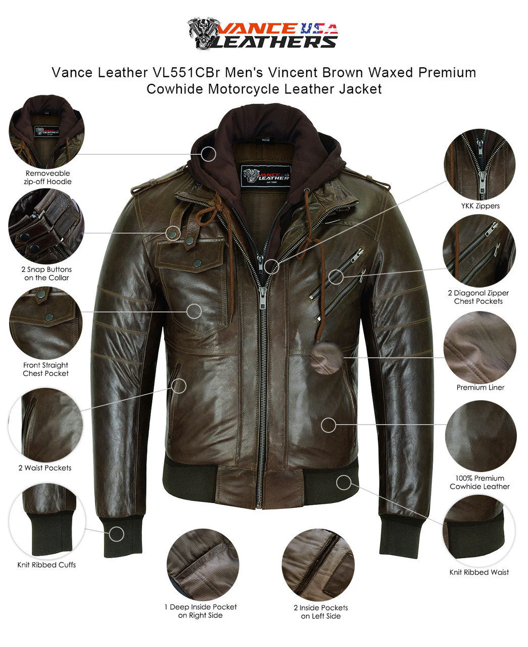 Vance Leather Mens Vincent Brown Waxed Premium Cowhide Motorcycle Leather Jacket - Image 6