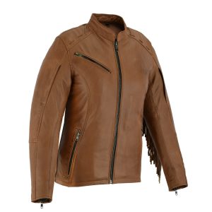 High Mileage "Roxy" Women's Fringe and Rivet Detail Premium Lightweight Brown Leather Lady Biker Motorcycle Fashion Jacket