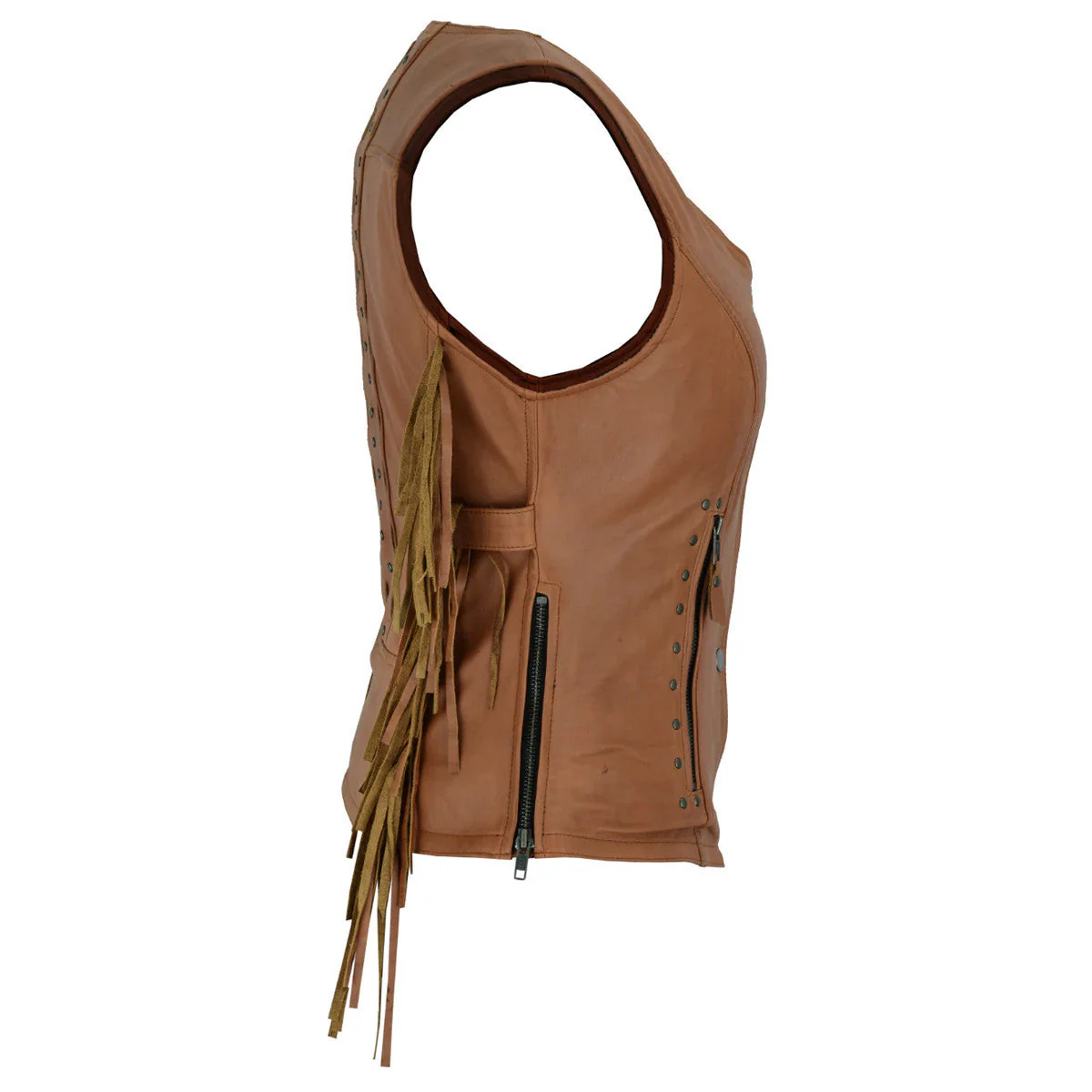 High Mileage 'Roxy' Ladies Premium Brown Leather Vest with Fringes and Rivets - Image 2