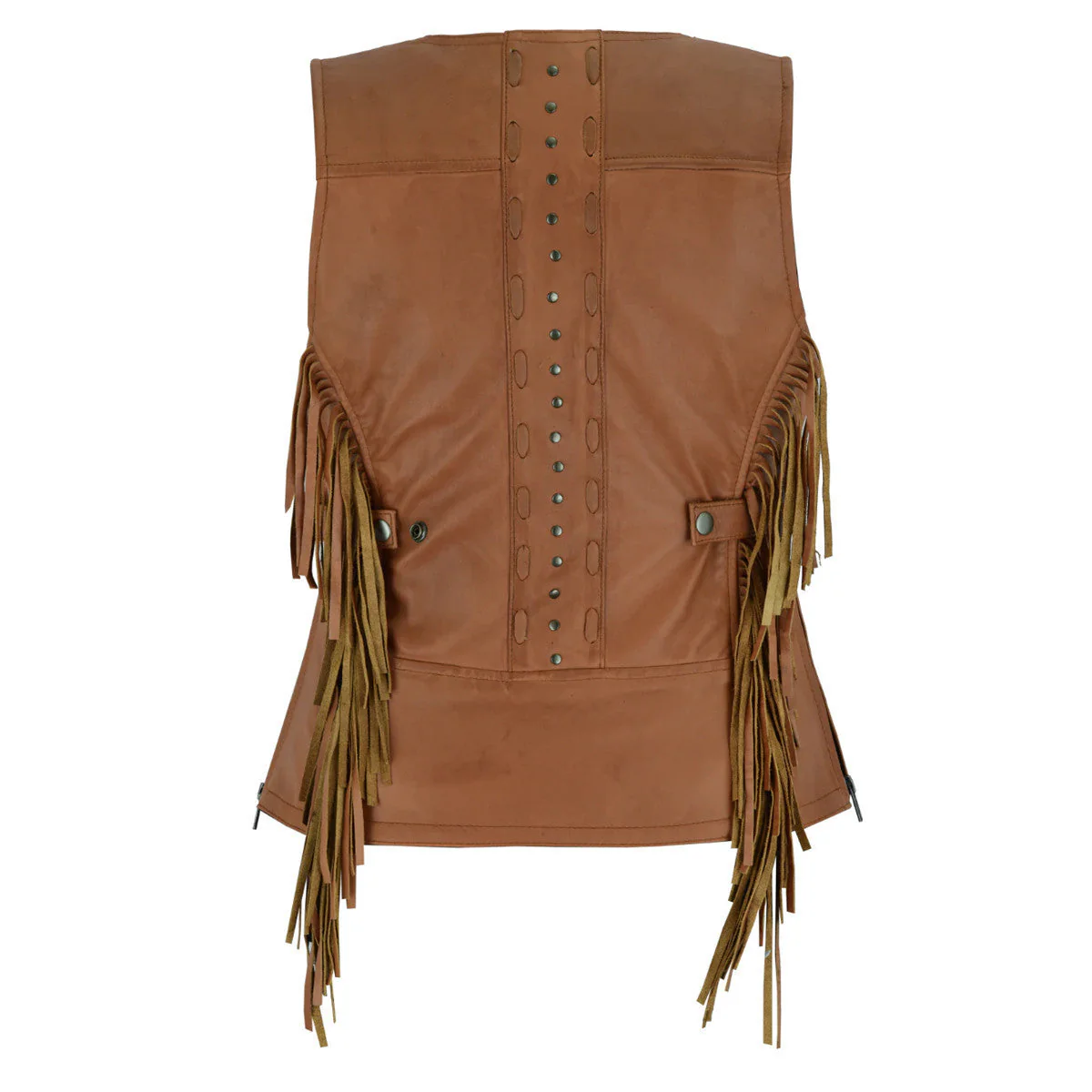 High Mileage 'Roxy' Ladies Premium Brown Leather Vest with Fringes and Rivets - Image 5