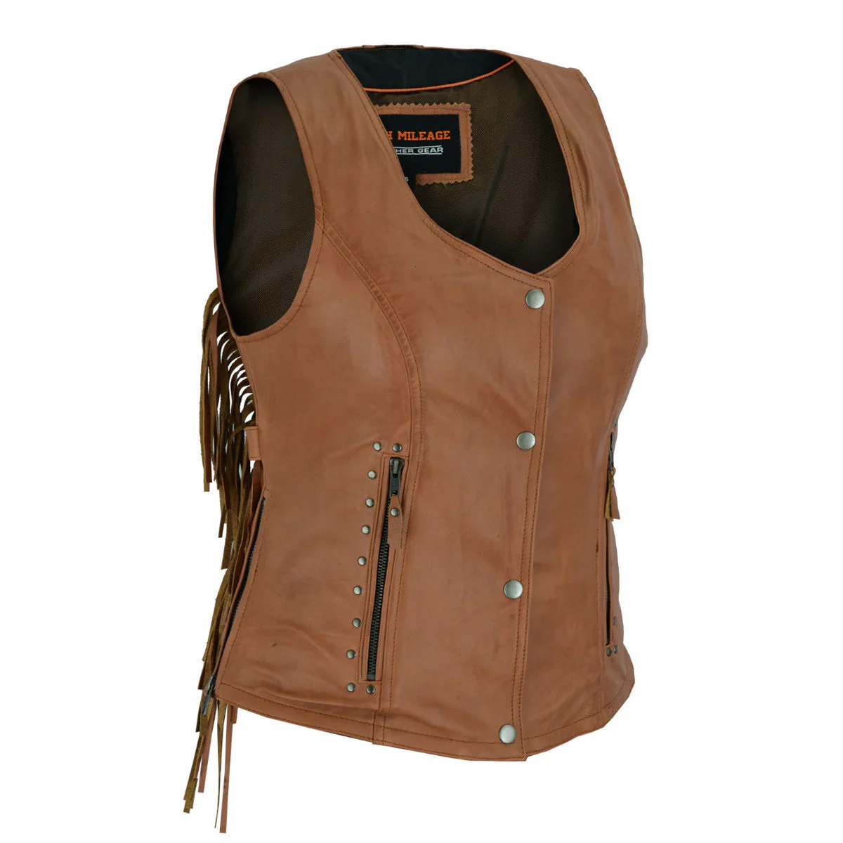 High Mileage 'Roxy' Ladies Premium Brown Leather Vest with Fringes and Rivets