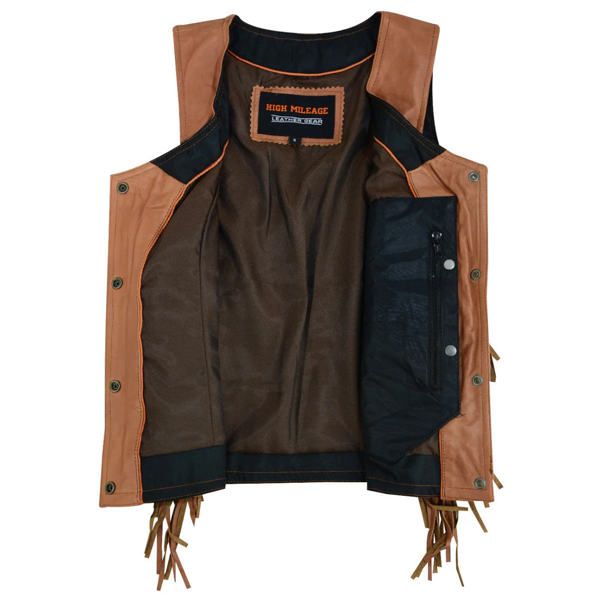 High Mileage 'Roxy' Ladies Premium Brown Leather Vest with Fringes and Rivets - Image 4
