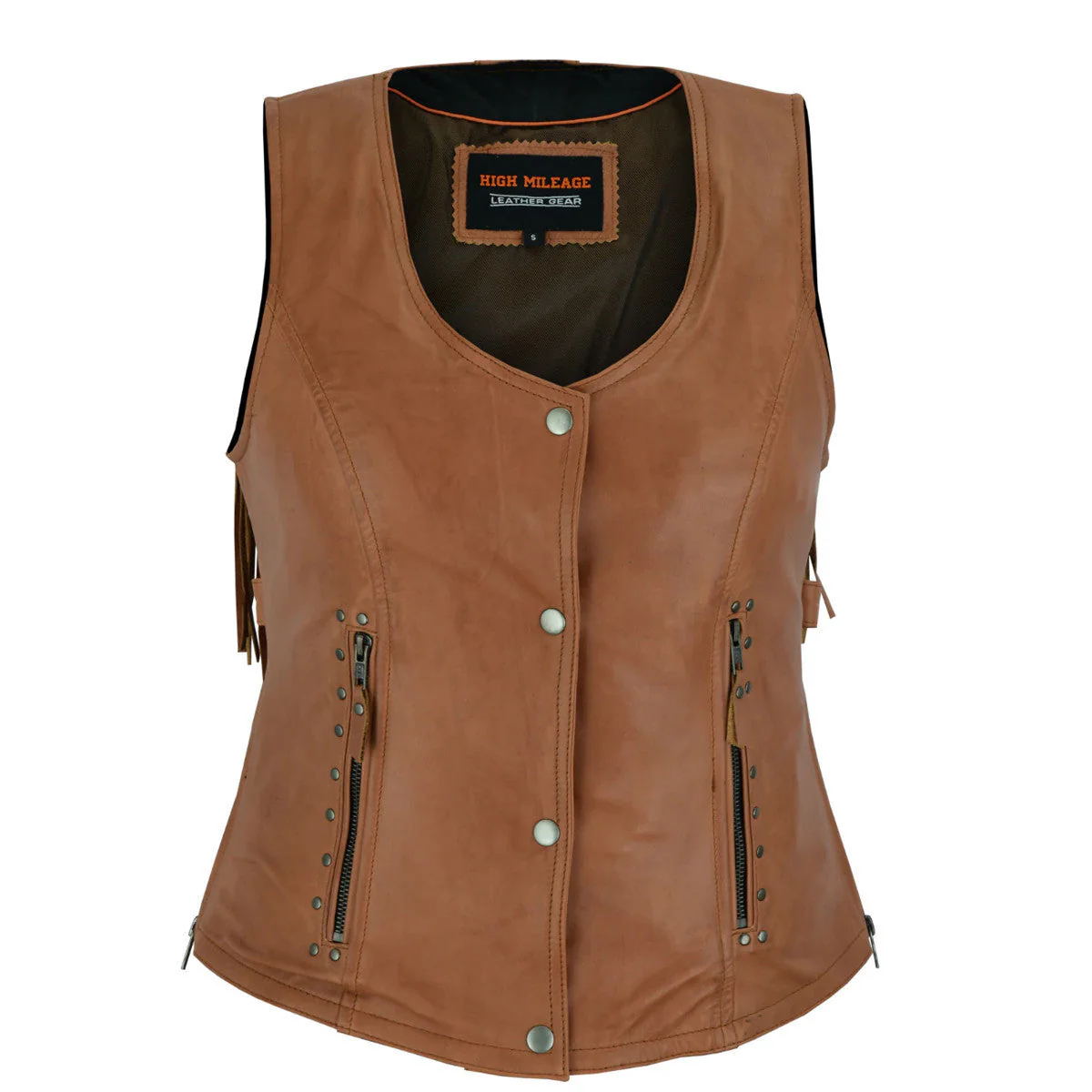 High Mileage 'Roxy' Ladies Premium Brown Leather Vest with Fringes and Rivets - Image 3