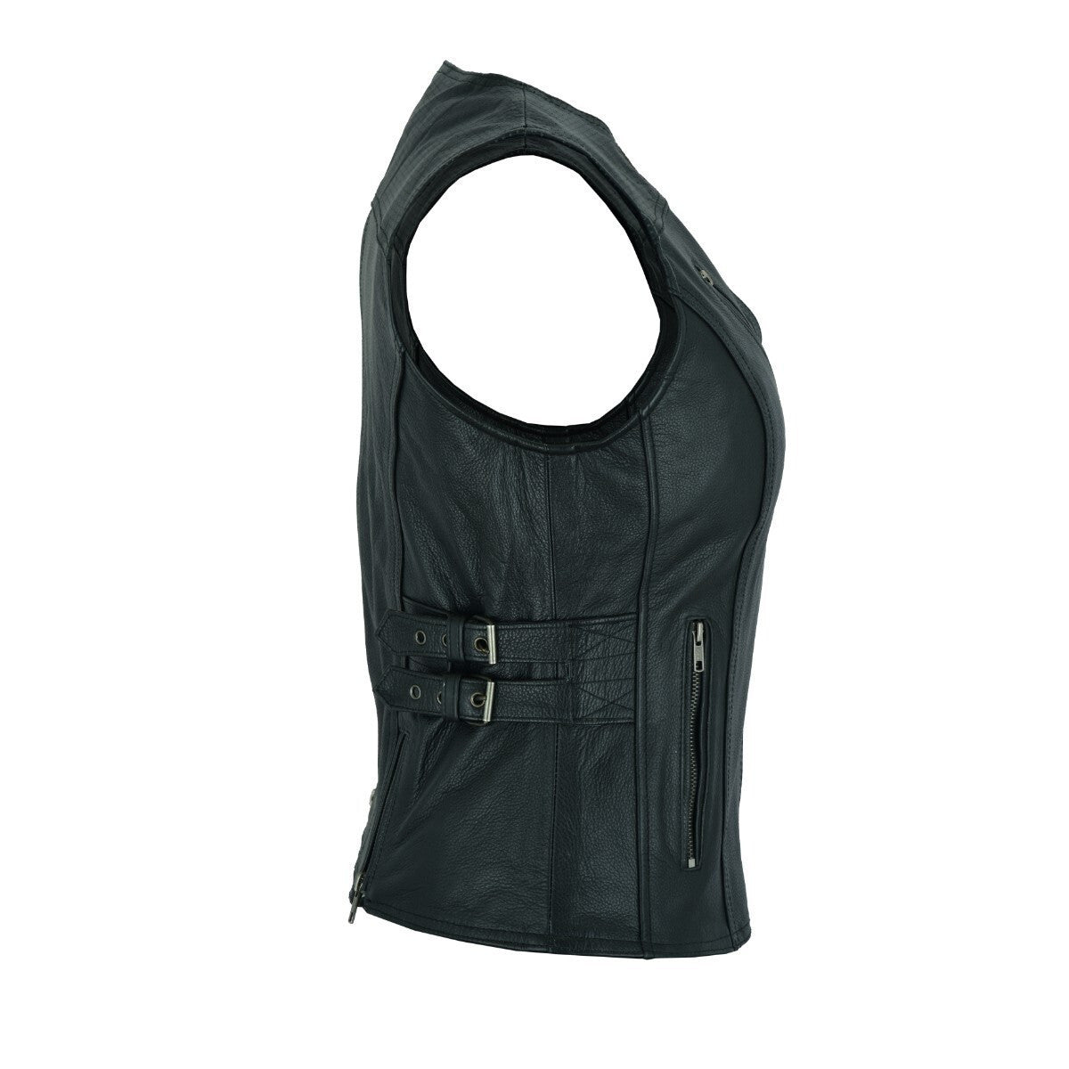 High Mileage Womens Black Premium Cowhide Biker Motorcycle Leather Vest With Buckles - Image 2