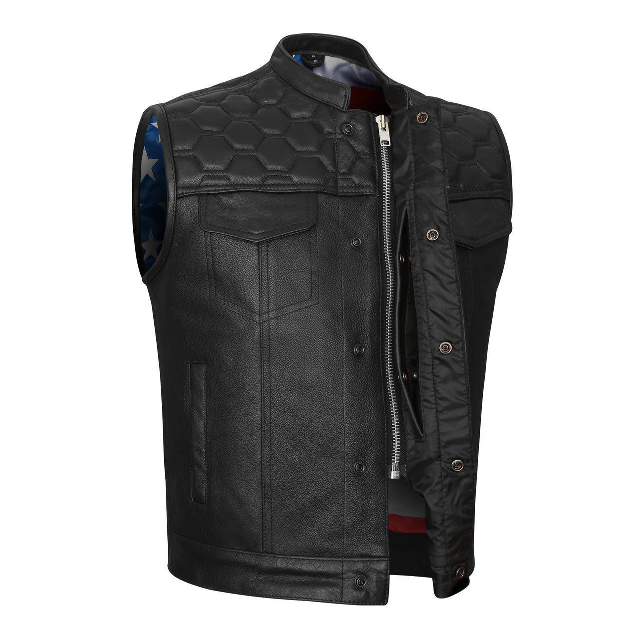 High Mileage Mens Zipper and Snap Closure Leather Club Vest with Quick Access & American Flag Liner - Image 2